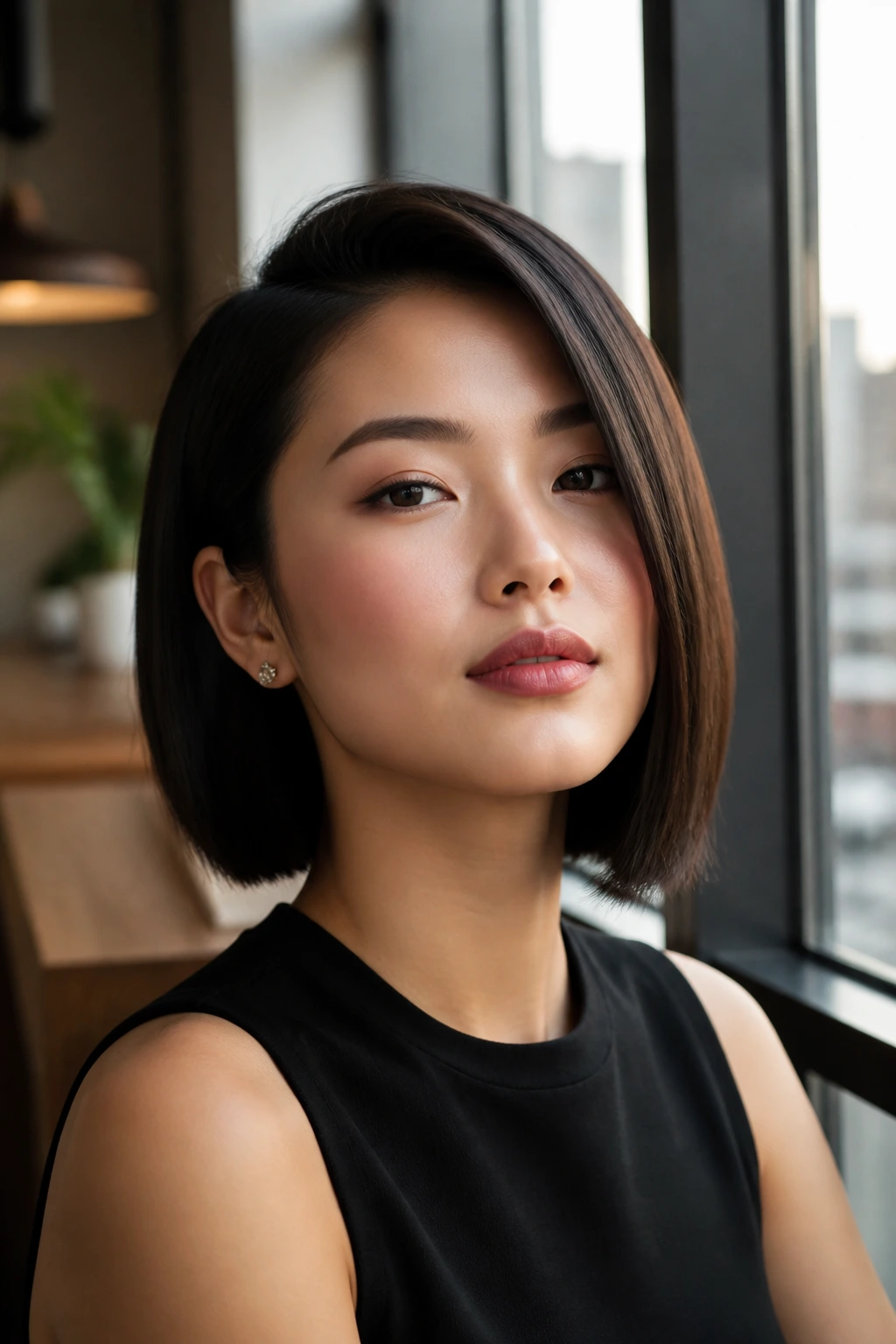 Close-up of a real woman with a deep side-part sleek bob