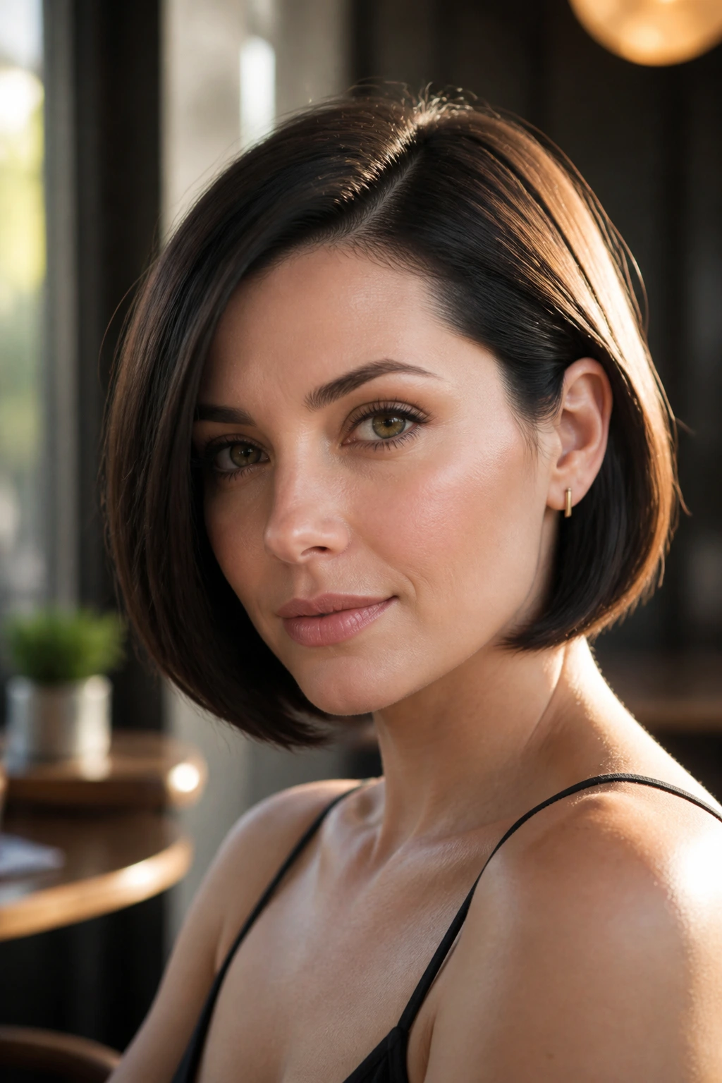 Portrait of a woman wearing a deep side-part sleek bob in a cafe setting