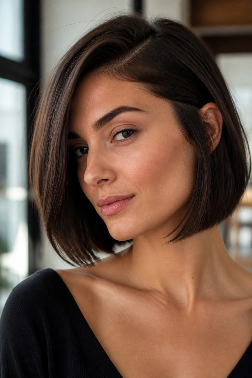 Real person with deep side-part sleek bob in a bright urban interior.