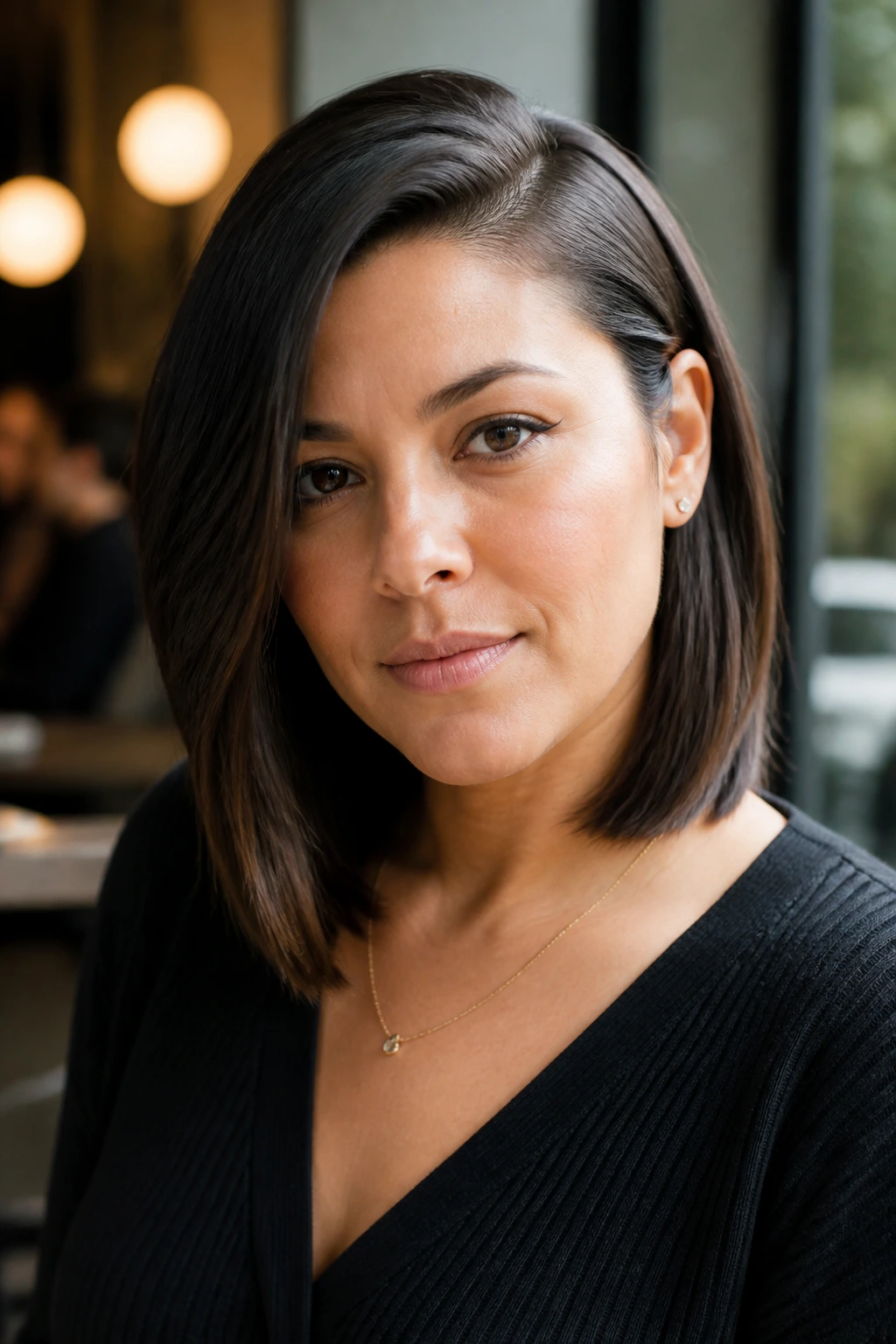 Portrait of a real person with a deep side-part sleek lob