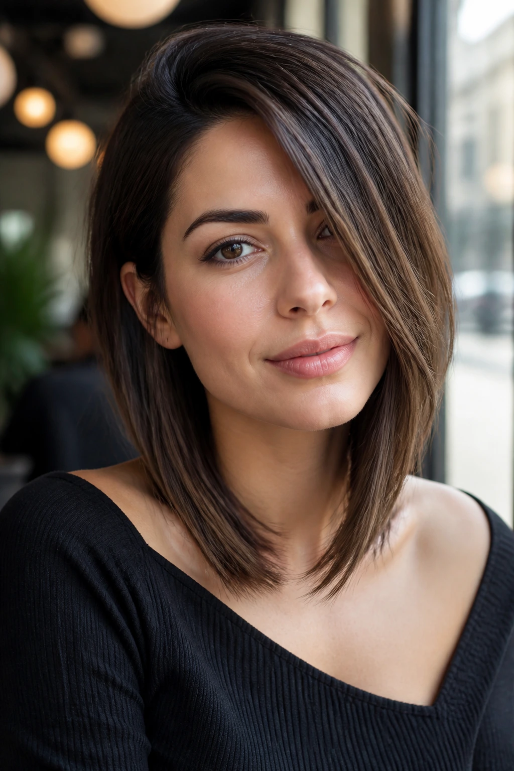 Close-up of a woman with a deep side-part sleek lob
