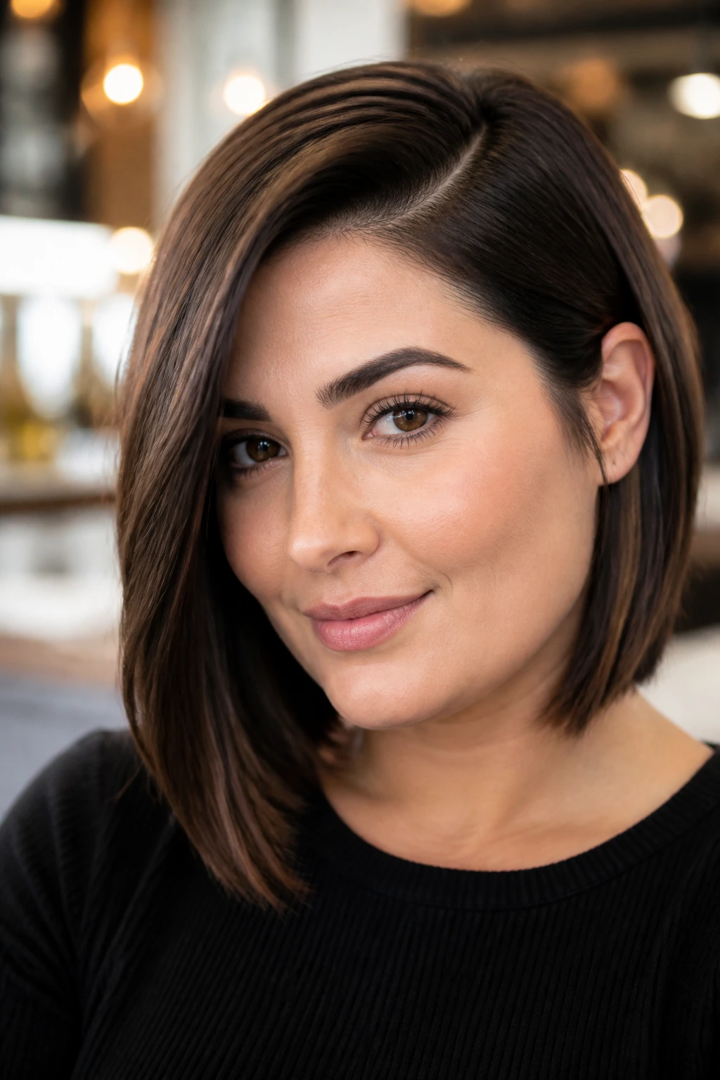 Portrait of a real woman with a deep side-part sleek lob.