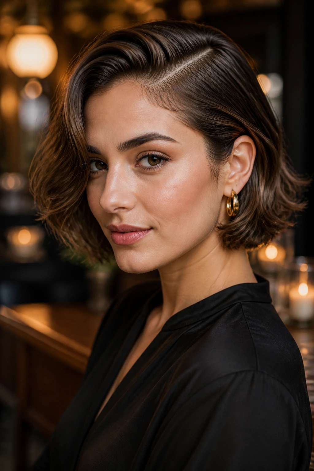Close-up of a real woman with a deep side part and slick waves