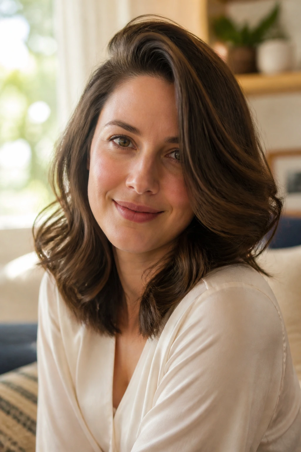 Portrait showing deep side part and soft bend in fine hair