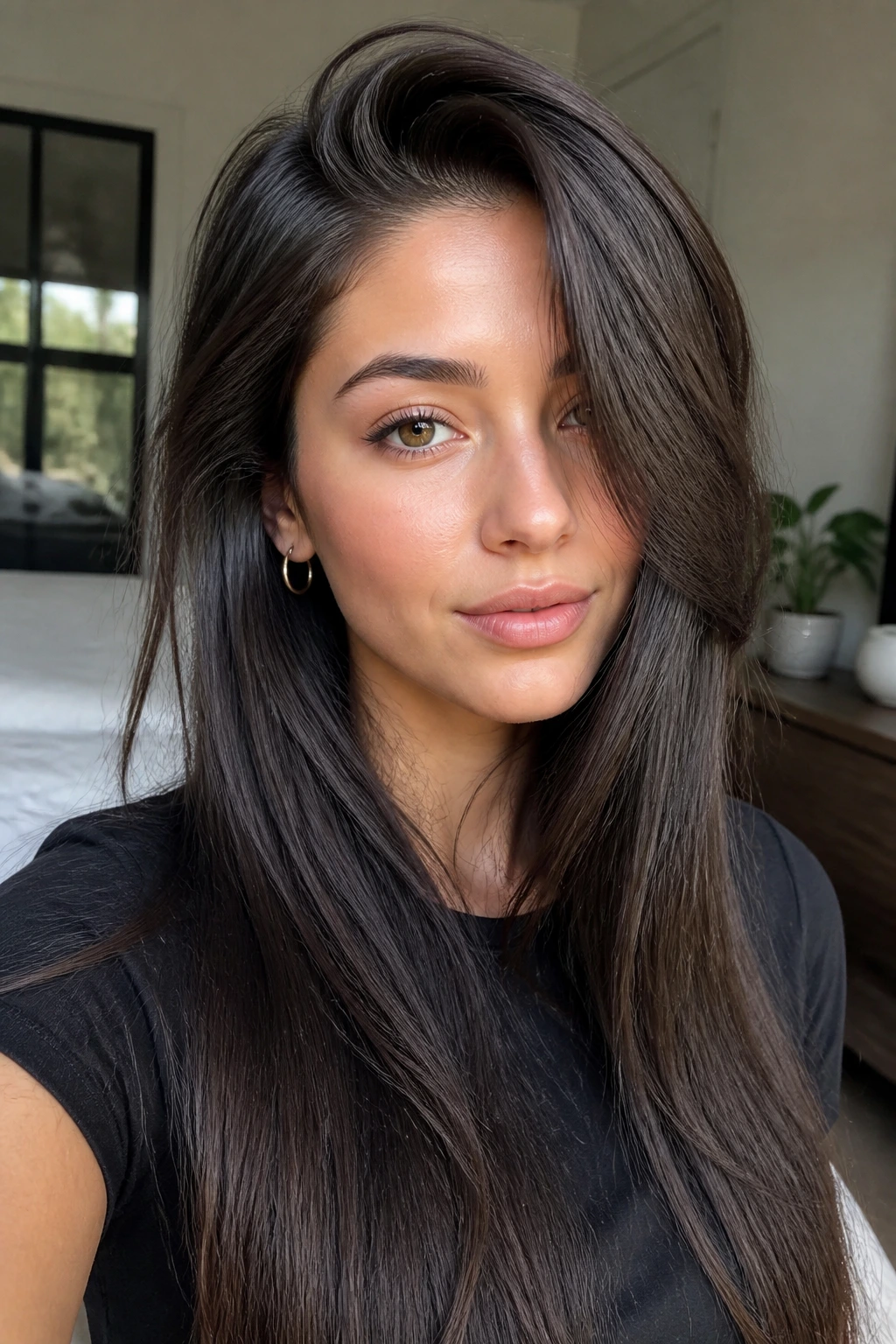 Close-up portrait of a real person with a deep side part and movement in straight hair