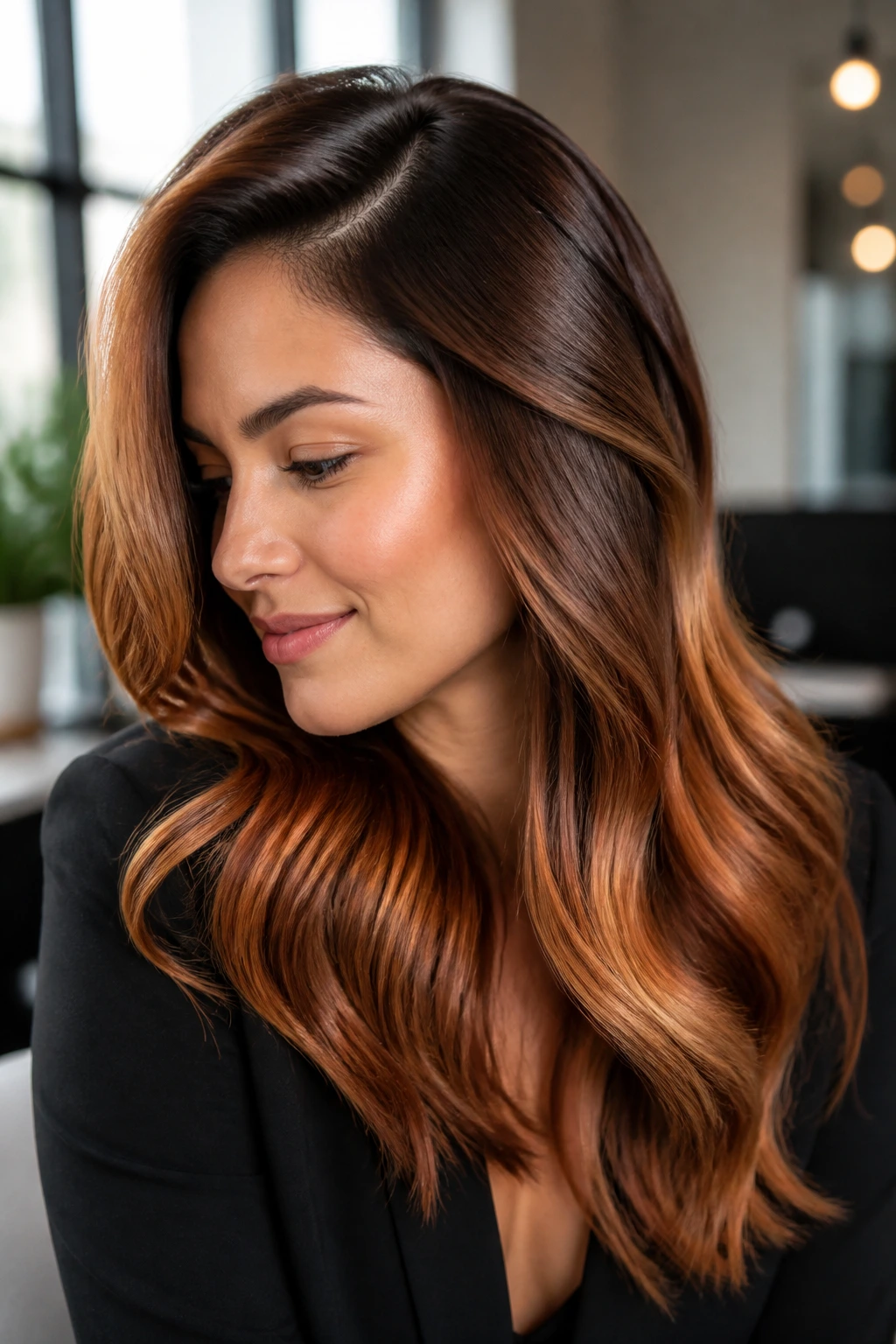 Close-up portrait of a real woman with a deep side part and glossy strawberry curves