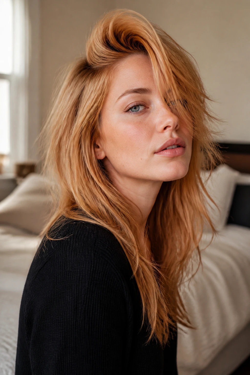 Close-up portrait of a real woman with deep side-part strawberry blonde shag, showing lifted roots and sweeping fringe.