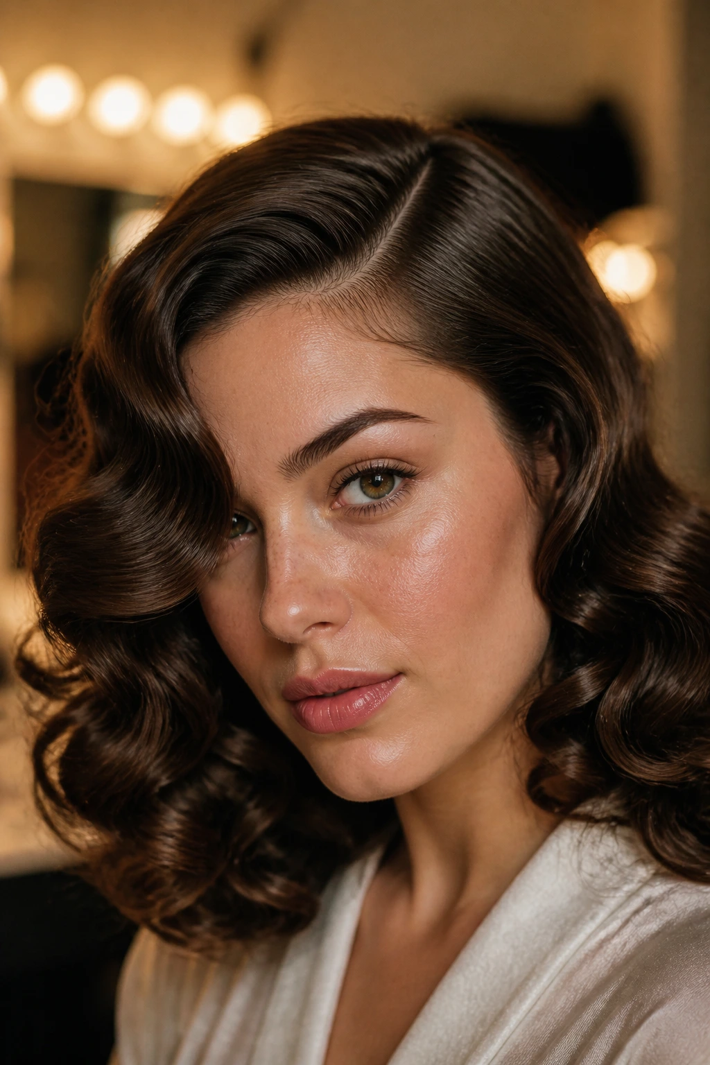 Close-up of a real woman with deep side-part S-waves