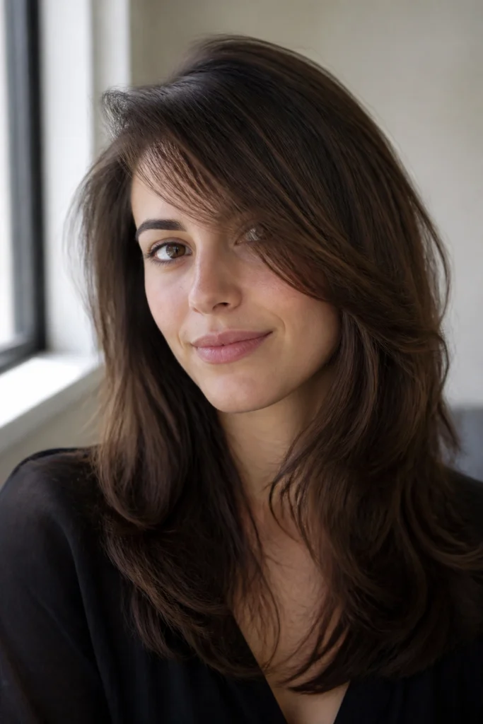 28 Long Layered Curtain Side-Swept Part Bangs