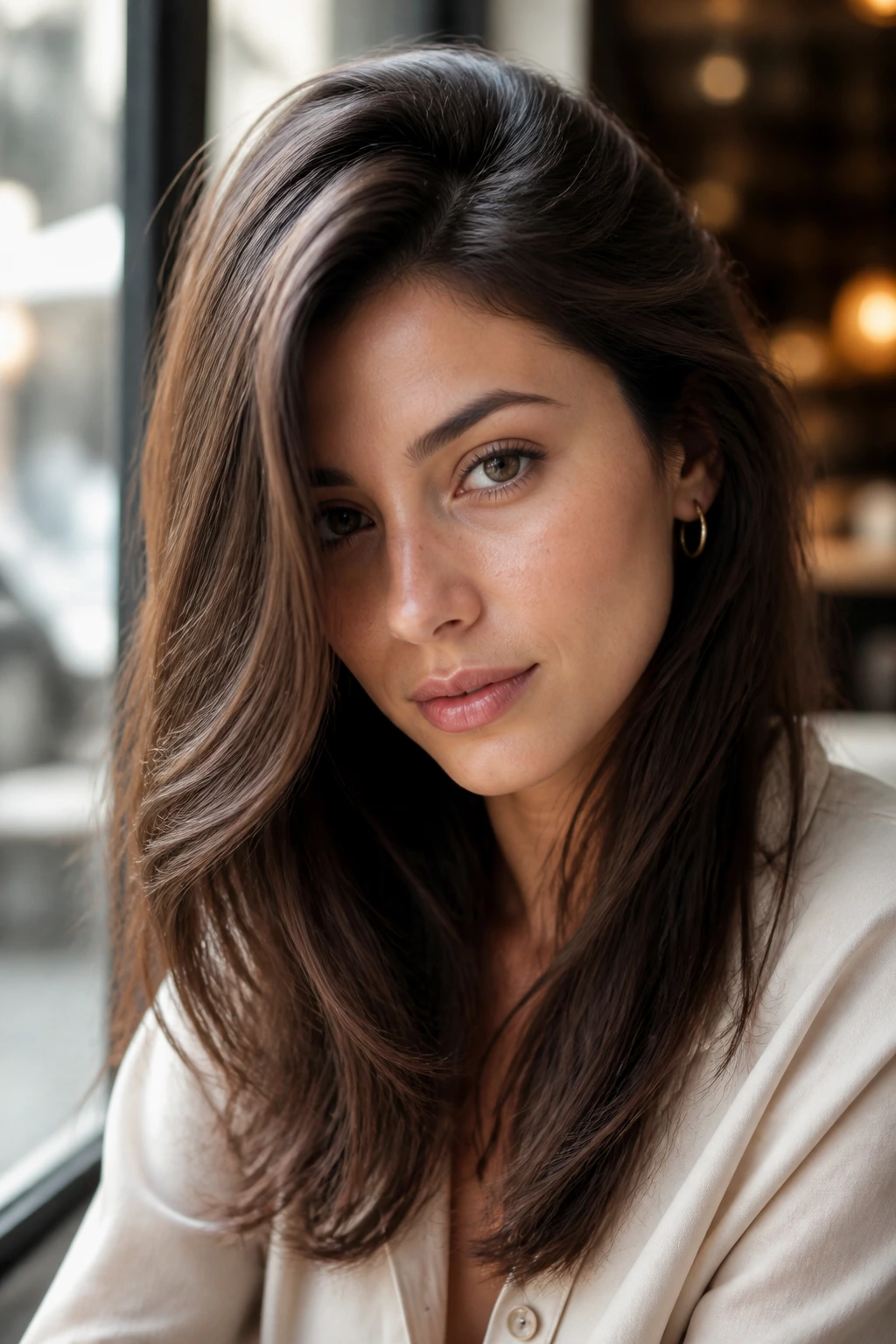Close-up portrait of a real woman with a deep side part and swept front pieces.