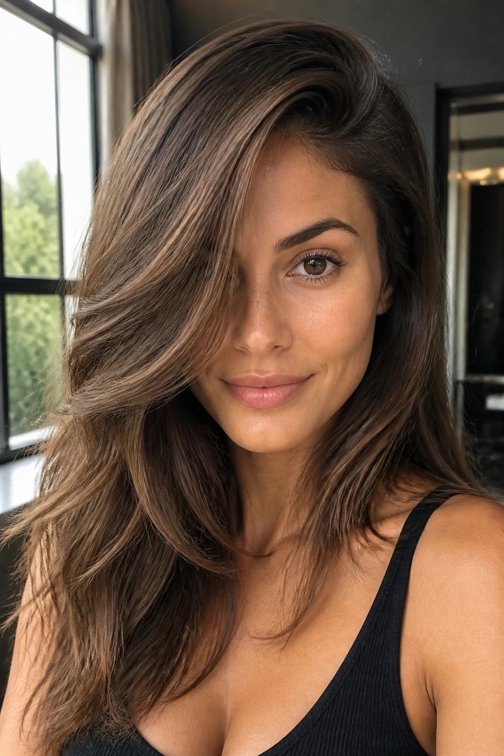 Portrait of a woman with a deep side part and sweep layers across the forehead
