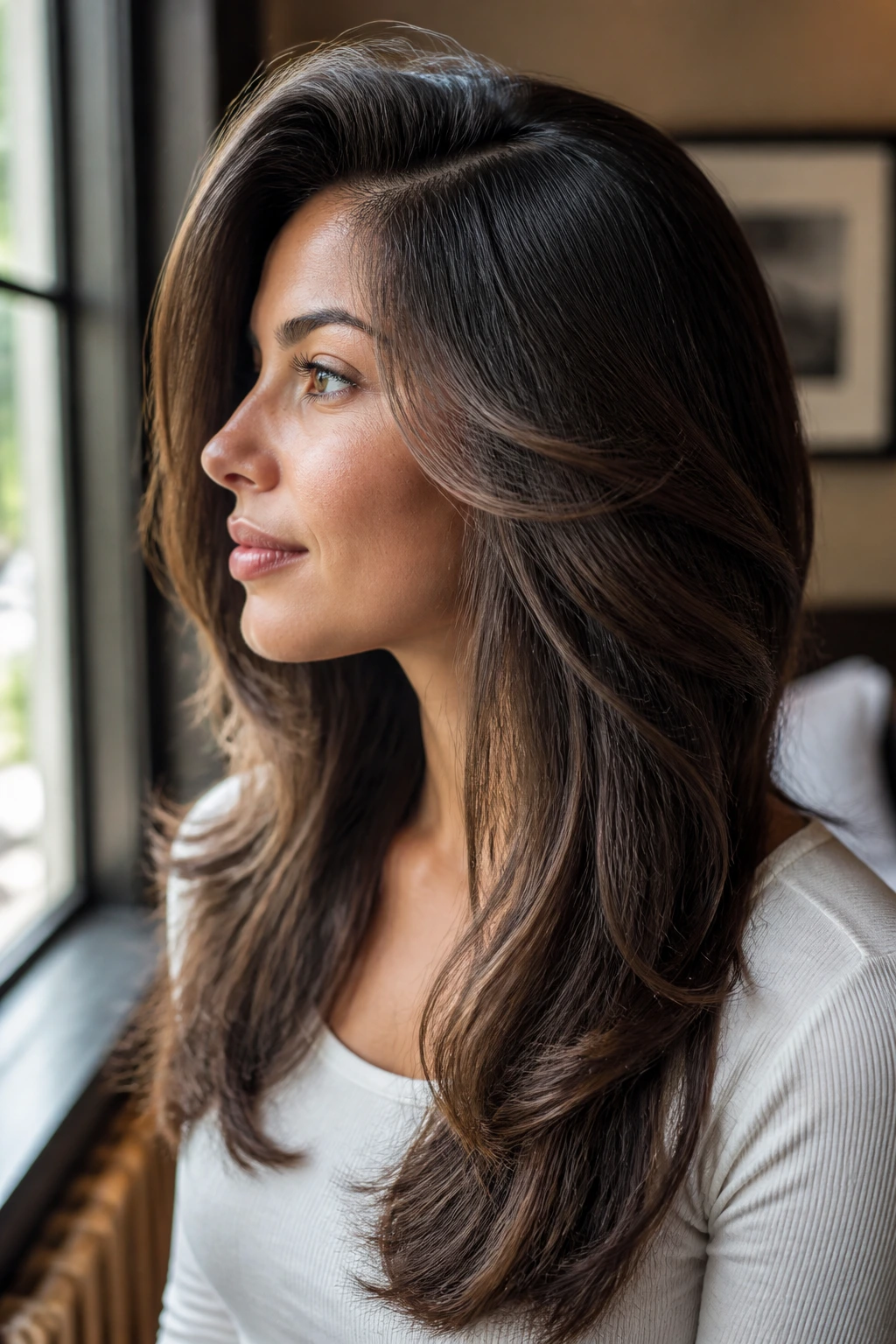 Profile view of a person with deep side-part sweep layers
