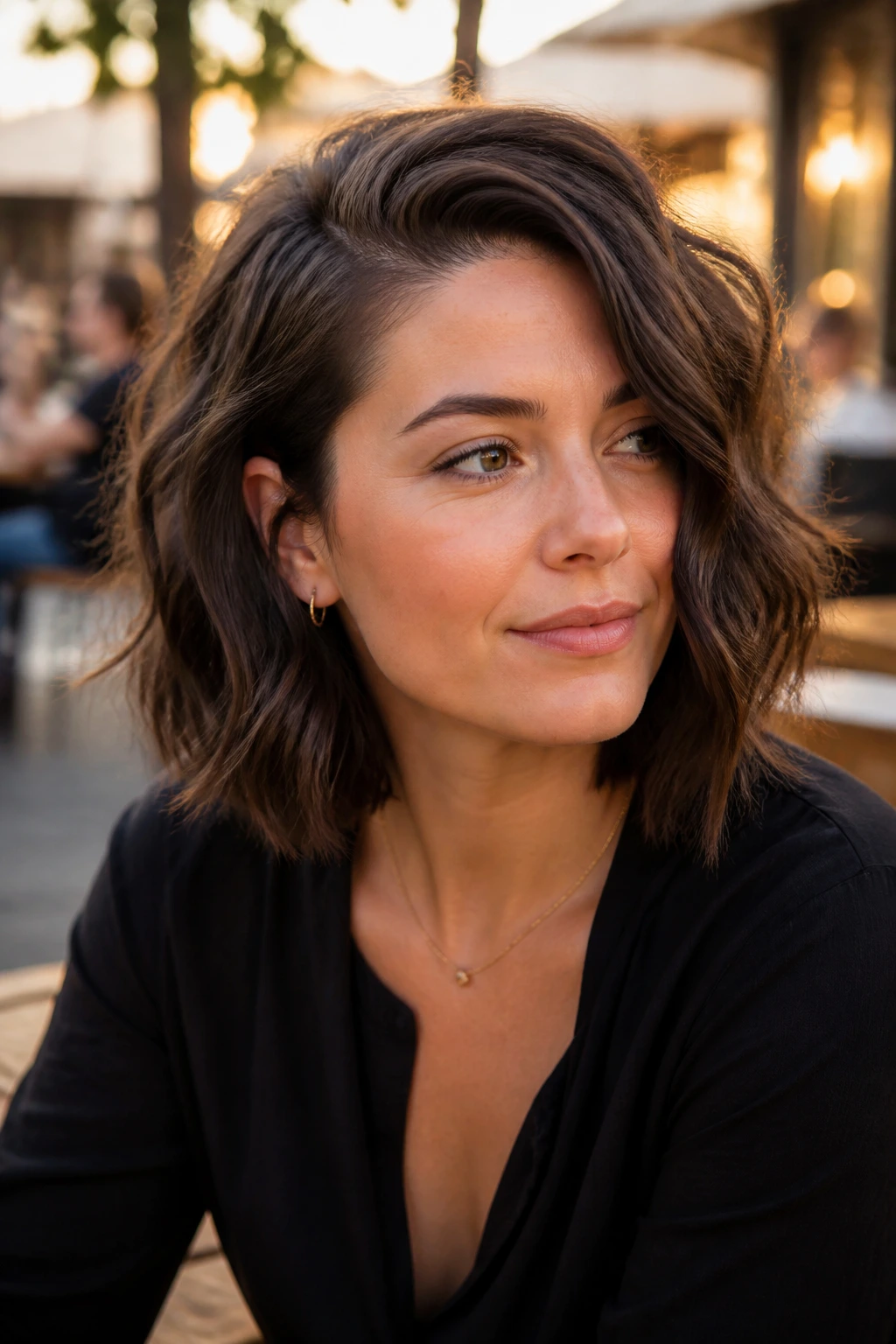 Close-up portrait of real woman with deep side-part sweep lob at golden hour