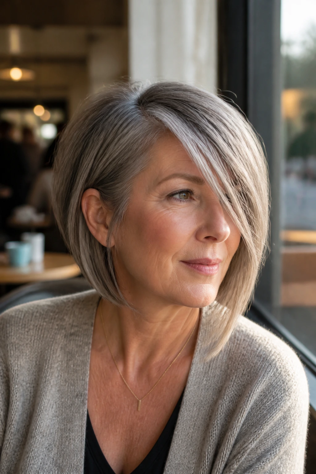 Real woman with deep side-part sweep hairstyle in cafe window light