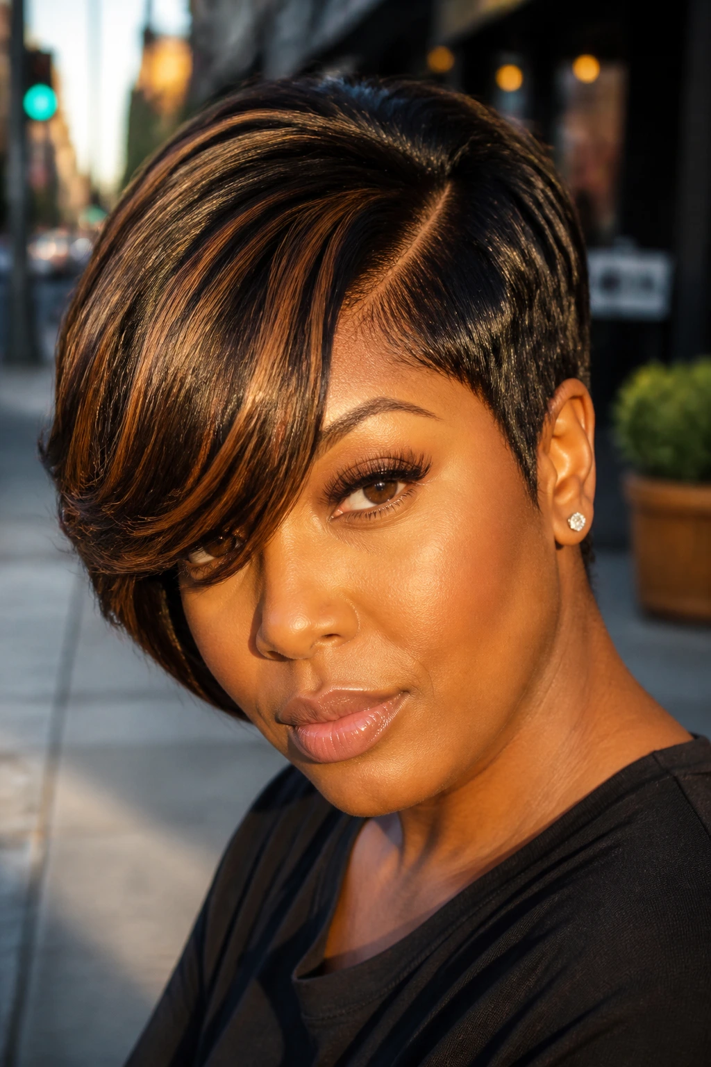 Close-up of a real woman with a deep side-part sweep and mocha lowlights in short natural hair
