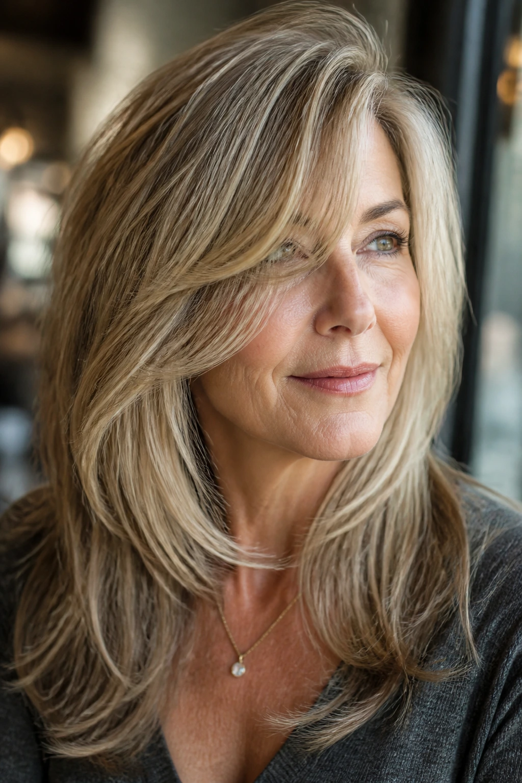 Portrait of a woman with deep side-part and sweeping bang