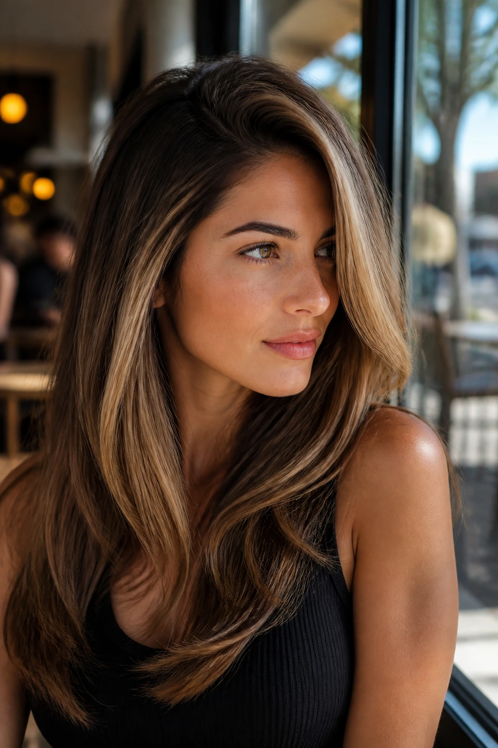 Real woman with a deep side part and sweeping face frame in a sunlit cafe setting
