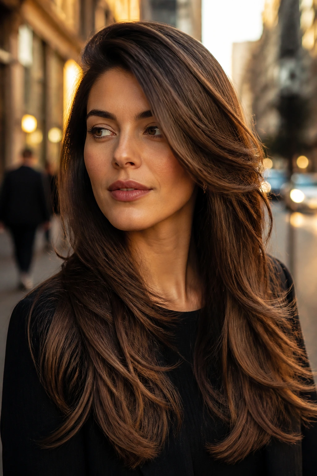 Portrait of a woman with a deep side part and sweeping layers