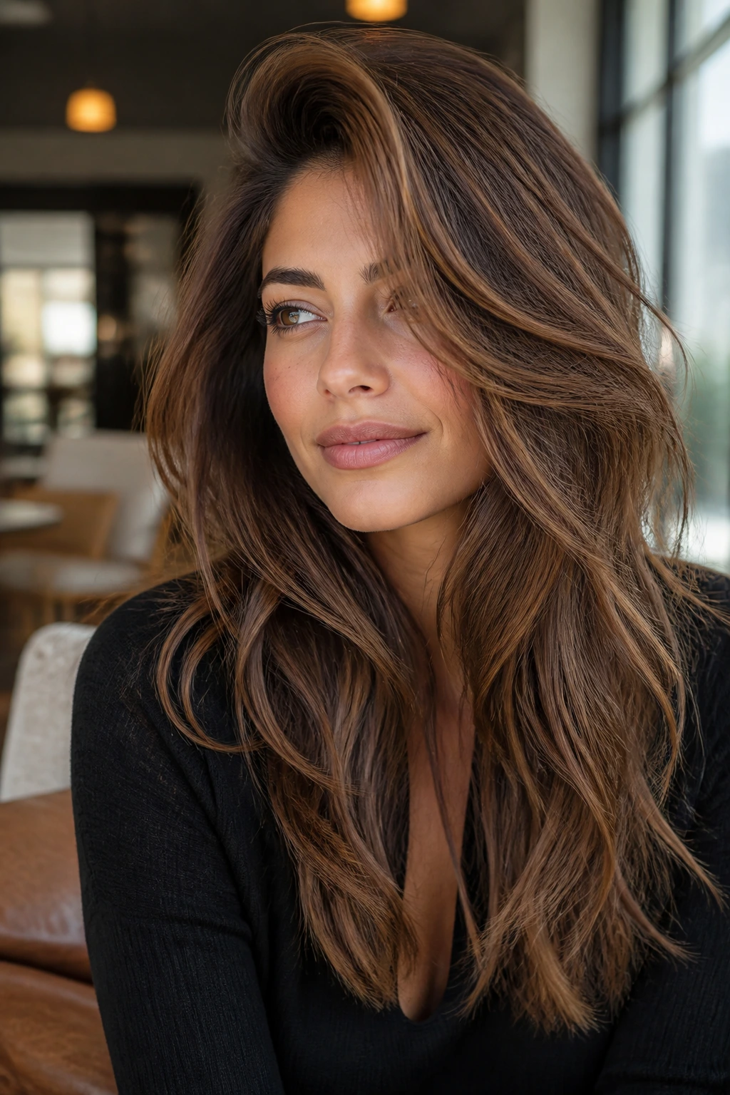 Portrait of a real woman with a deep side part and sweepy layers