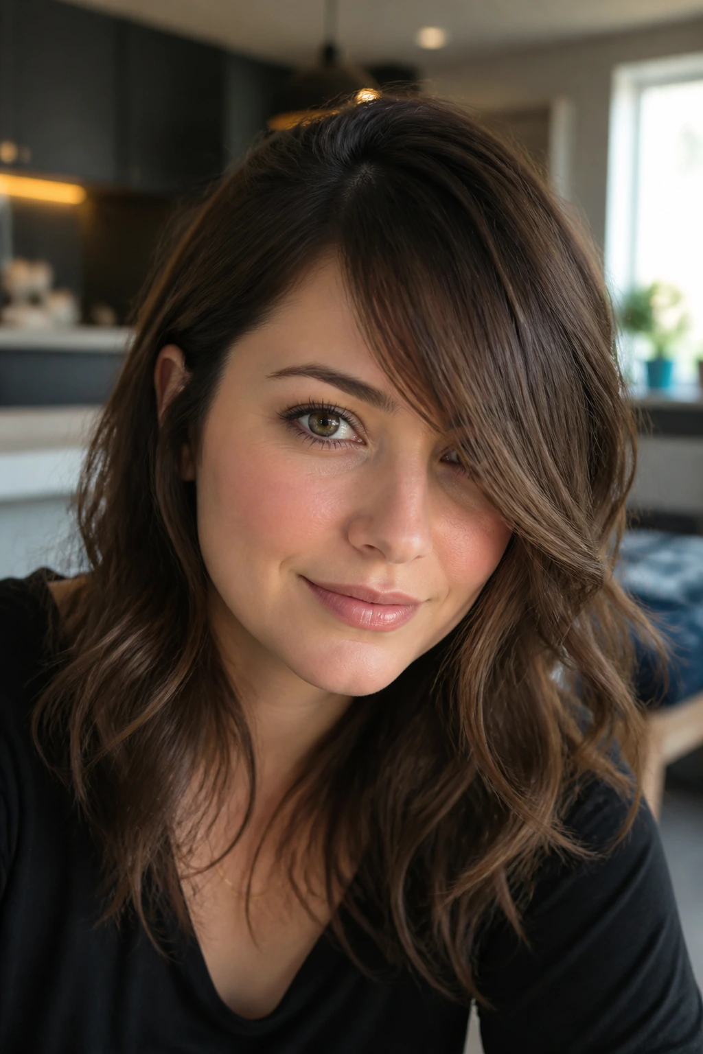 Real woman with deep side part and swept fringe in a warm, modern interior