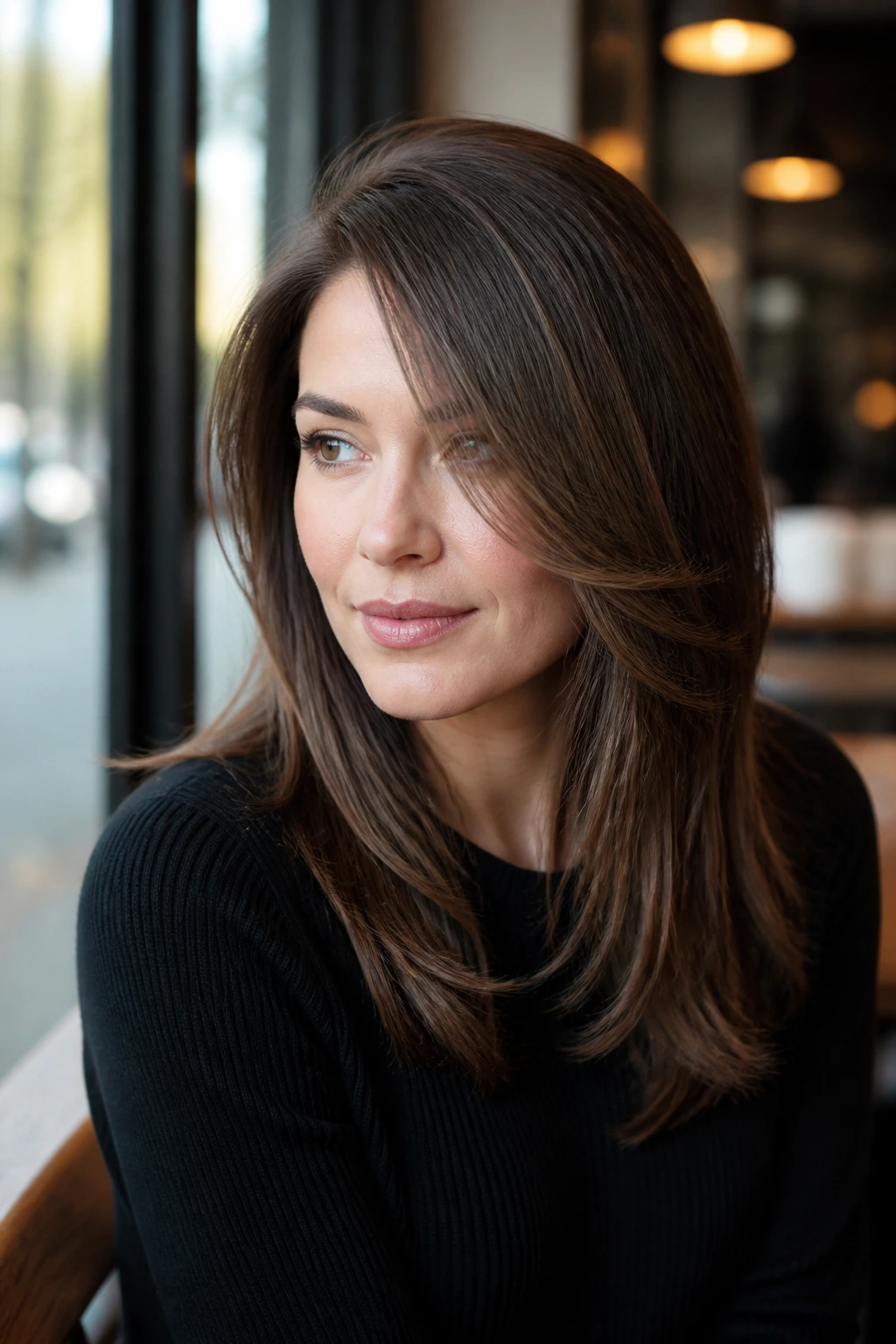Close-up of a real woman with swoopy layers and deep side part