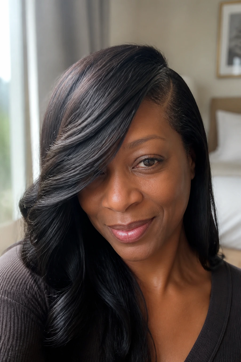 Close-up portrait of a real woman with a deep side part and long swoop bangs