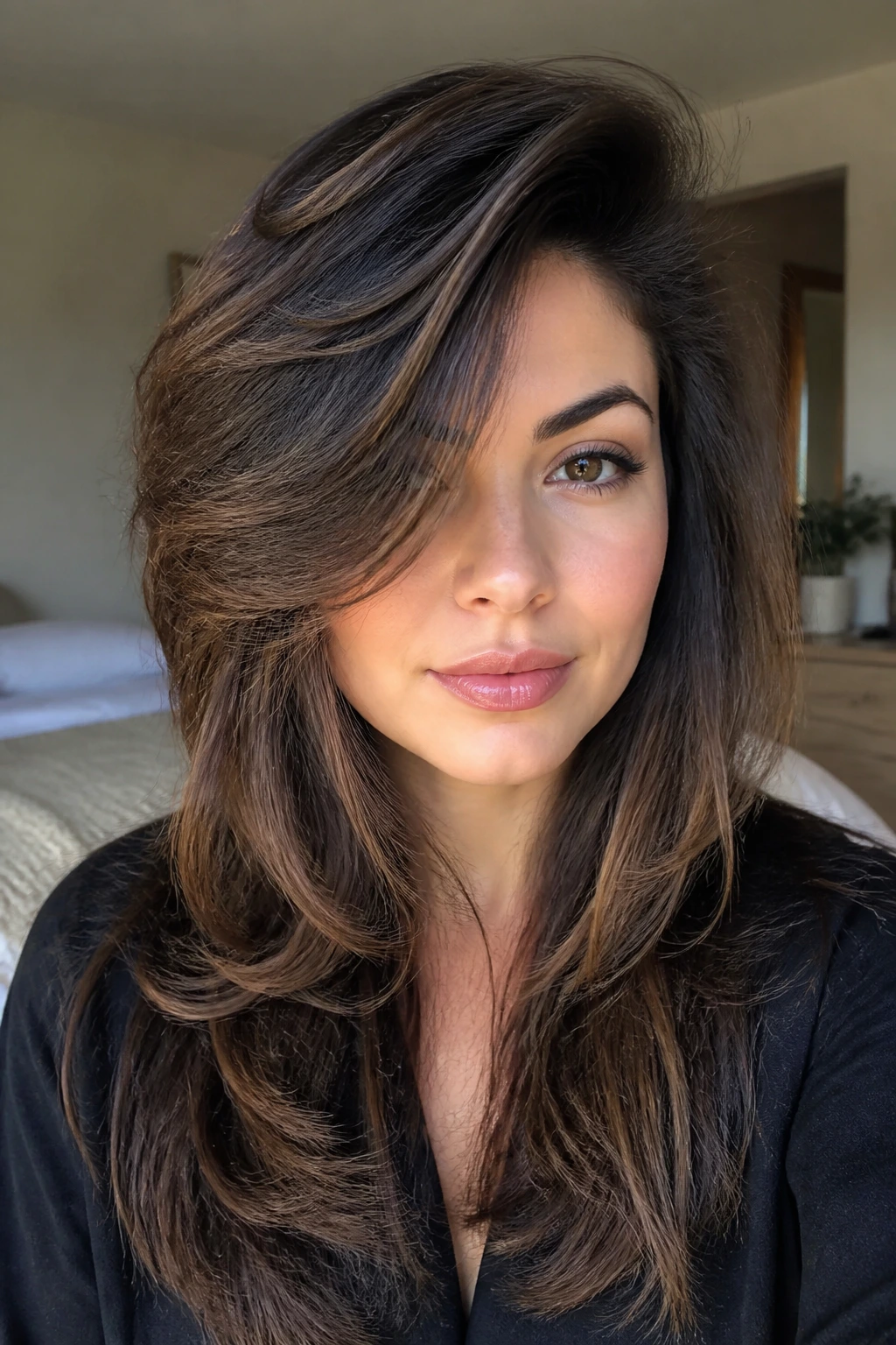 Close-up portrait of a real woman with deep side-part swoop layers hairstyle.