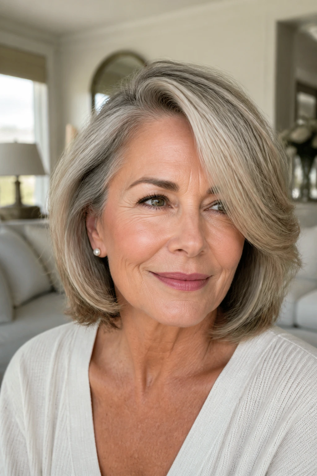 Close-up of a real woman with a deep side-part swoop