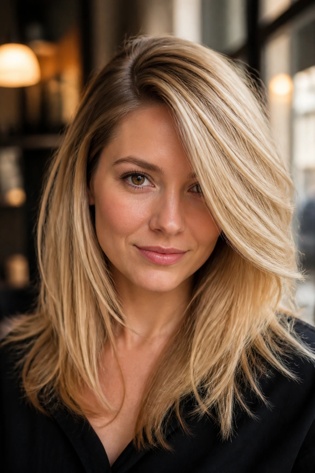 Portrait of a woman with a deep side part and soft swoop framing her face