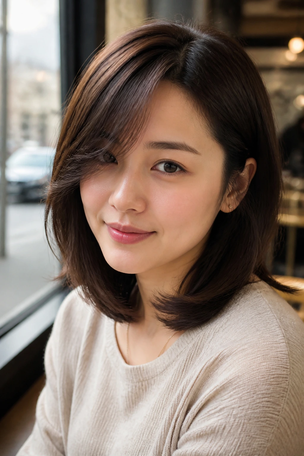 Close-up of a real woman with a deep side part and swooping bangs.