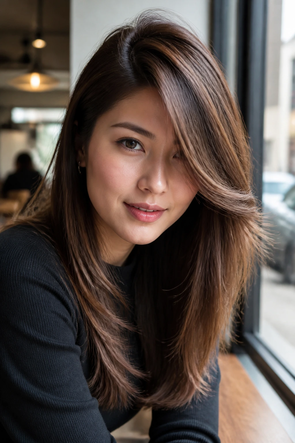 Portrait showing a deep side part with a long swooping fringe