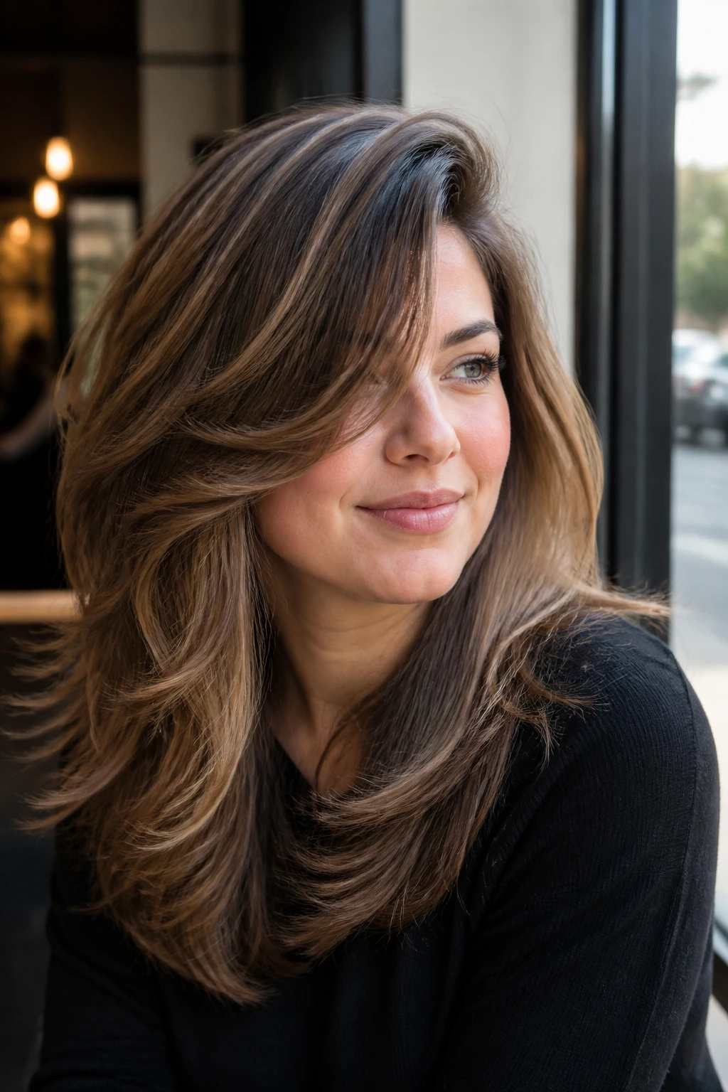 Close-up portrait of a real woman with a deep side part and swooping fringe.