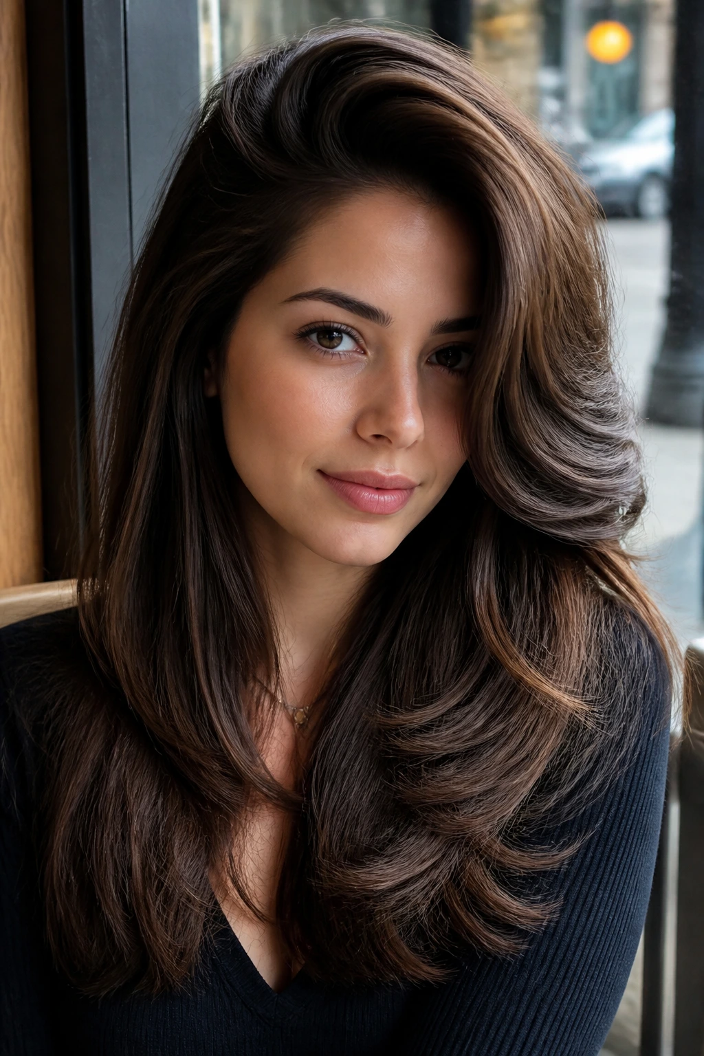 Portrait of real woman with deep side-part layers and swooping volume