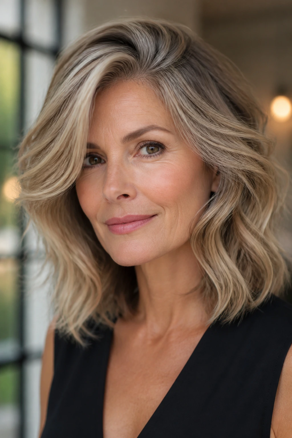Portrait of a woman with a deep side part and cheekbone swoops