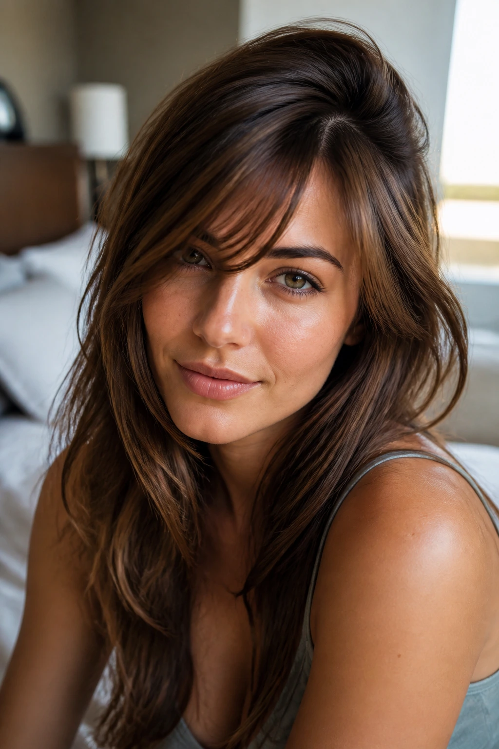 Close-up portrait of a real woman with a deep side part and tapered bangs
