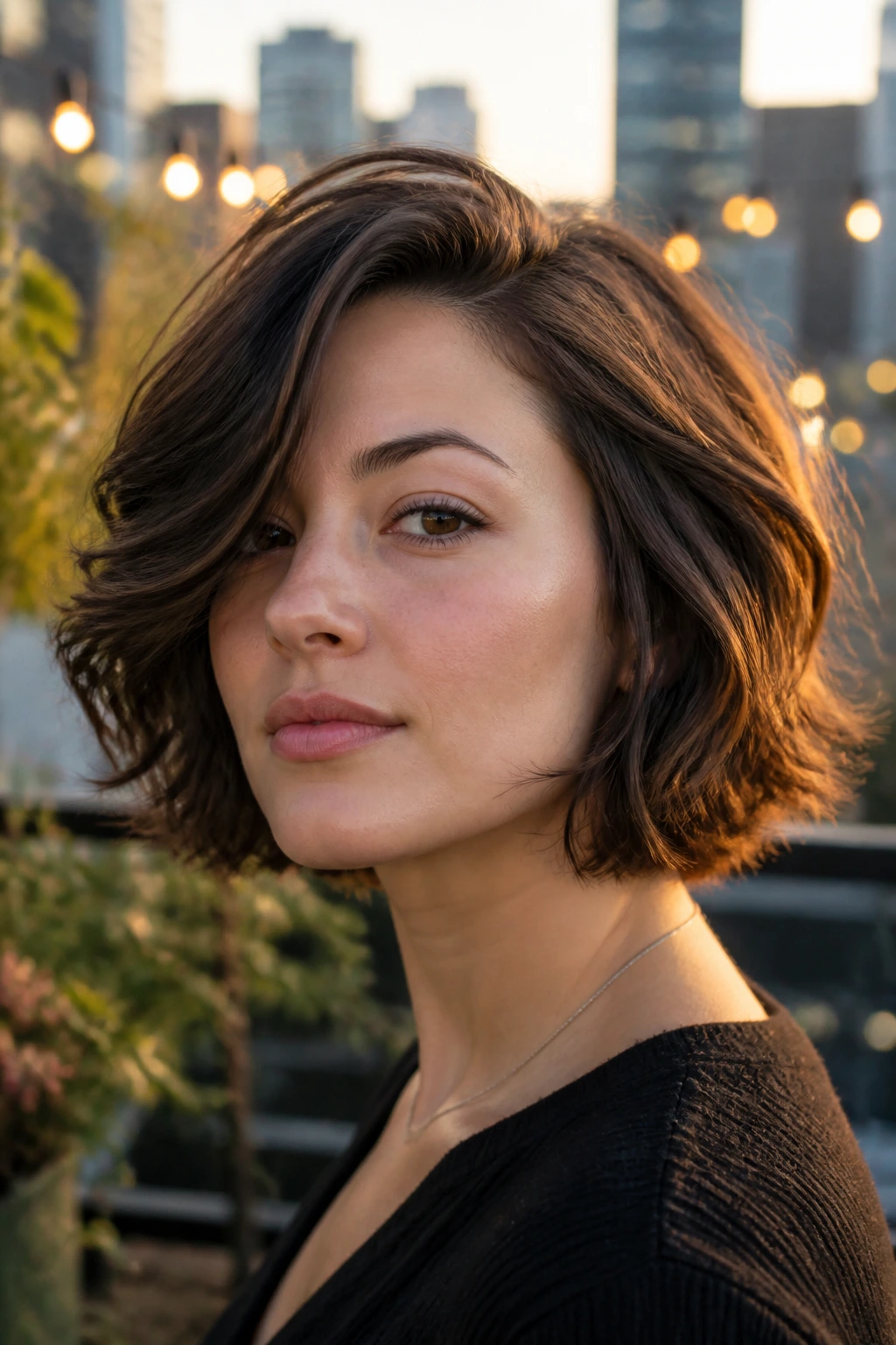 Close-up portrait of a real person with a textured deep side-part bob
