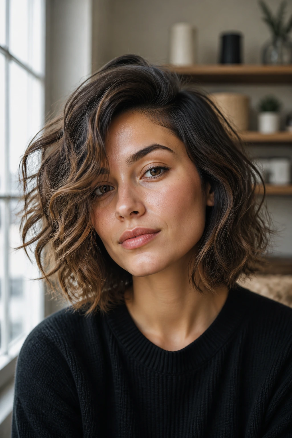 Portrait of a person with a deep side-part tousled bob in natural light