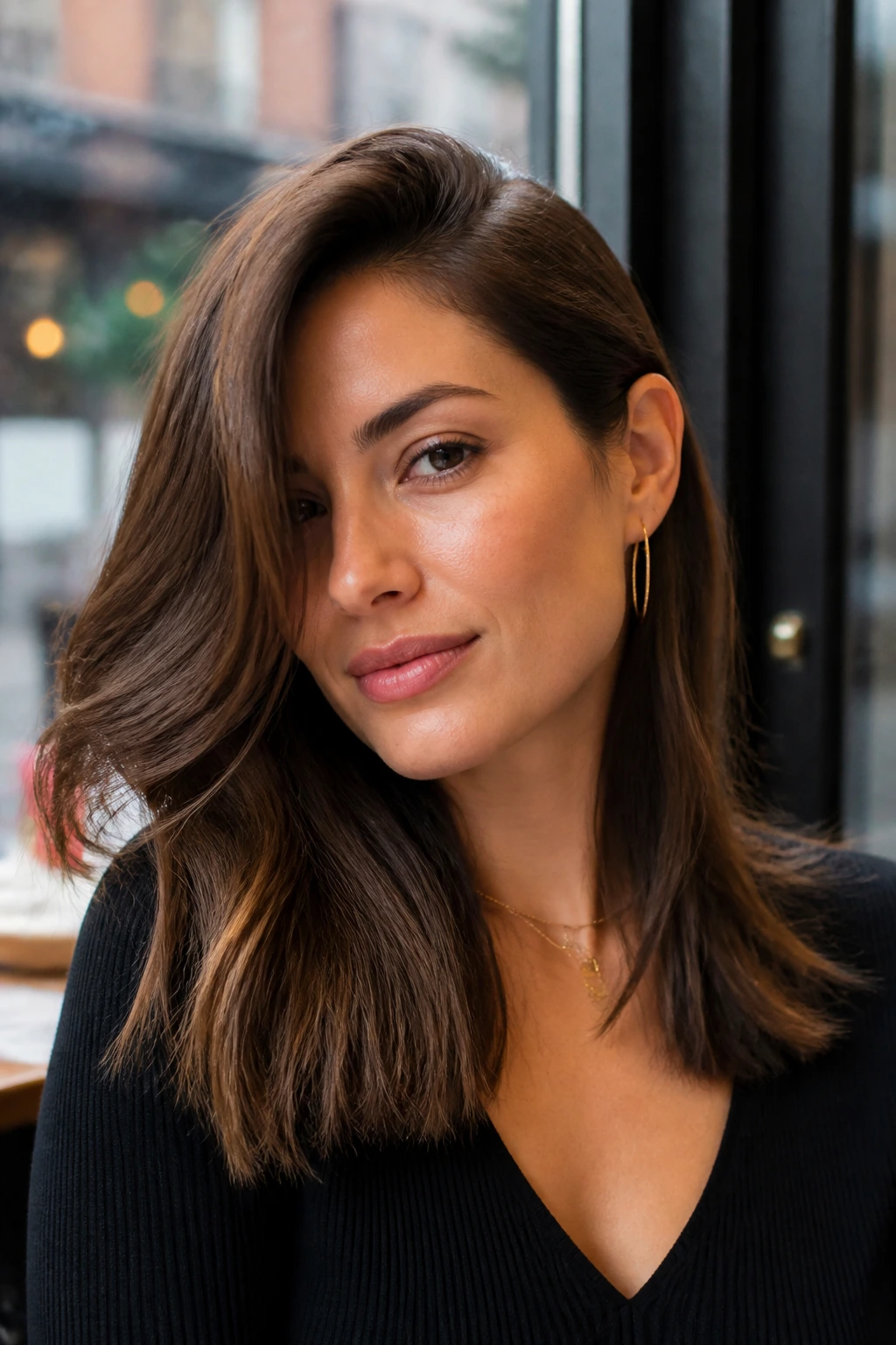 Close-up of a real woman with deep side part tucked behind the ear