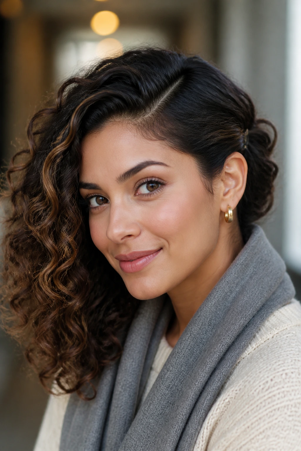Woman with deep side part and tucked side curling around face with cheekbone highlights.