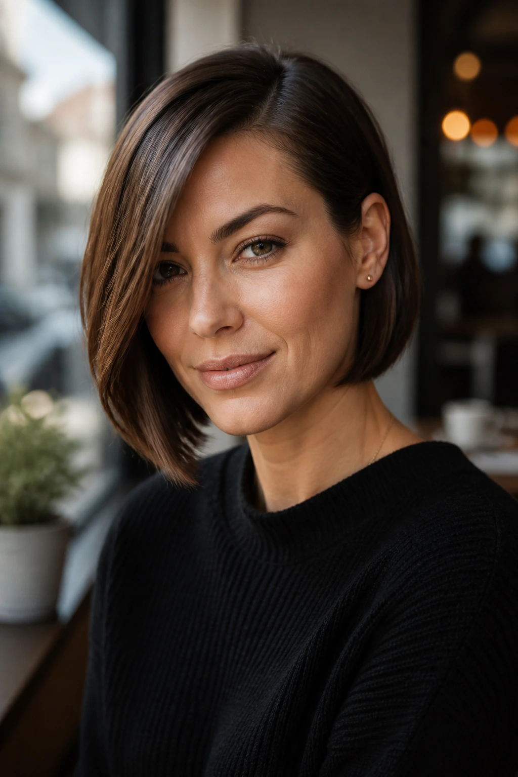 Real woman with deep side-part and tuck-behind ear hairstyle.
