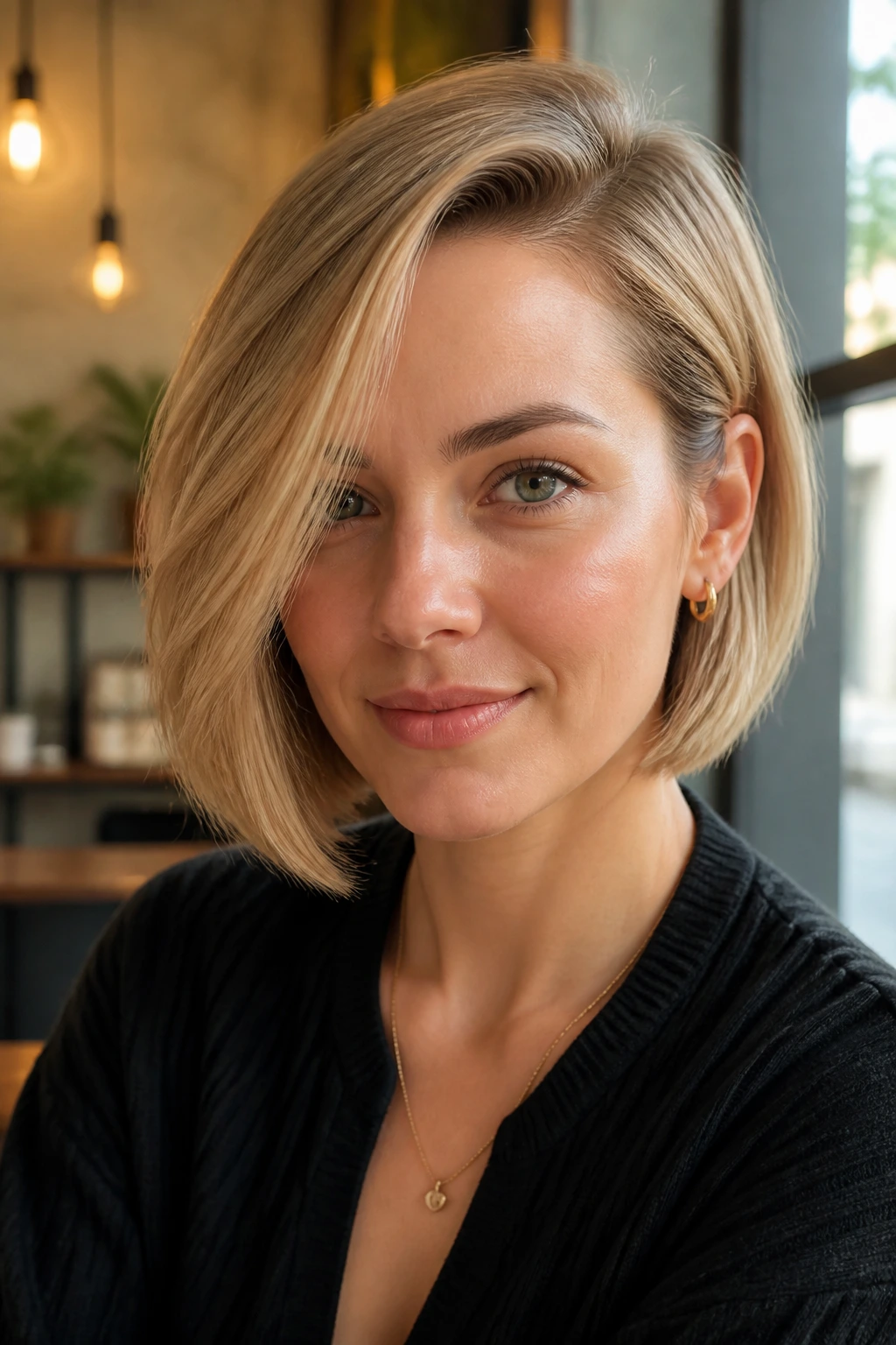 Portrait of a woman with a deep side-part and tuck behind the ear.