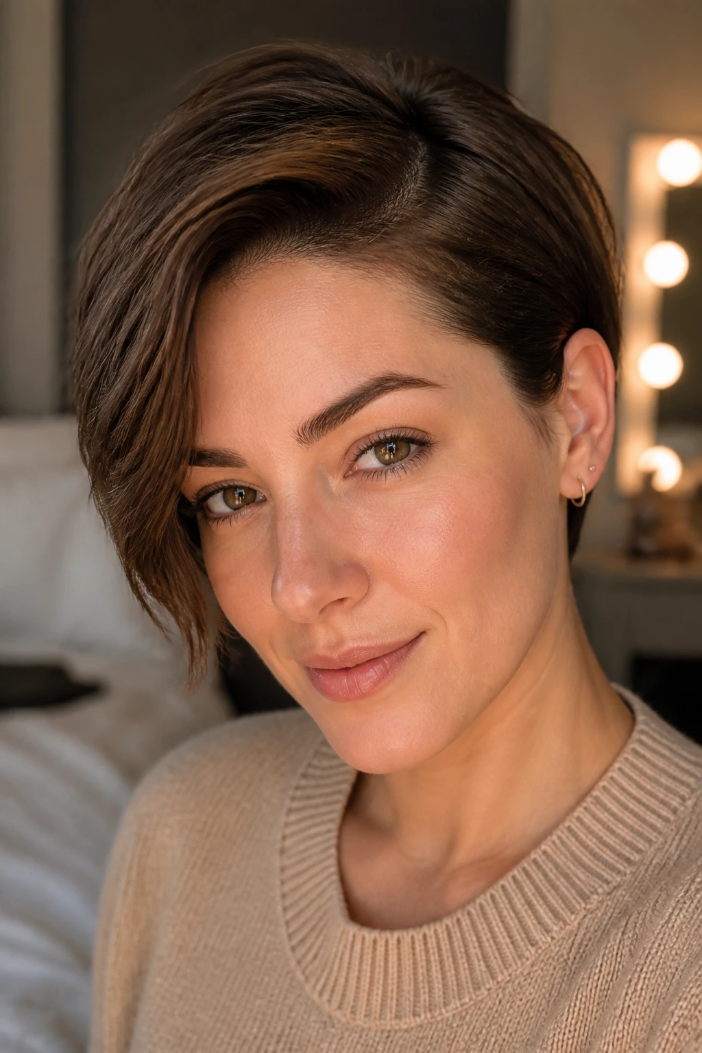 Real person showing a deep side part with the shorter side tucked behind the ear.