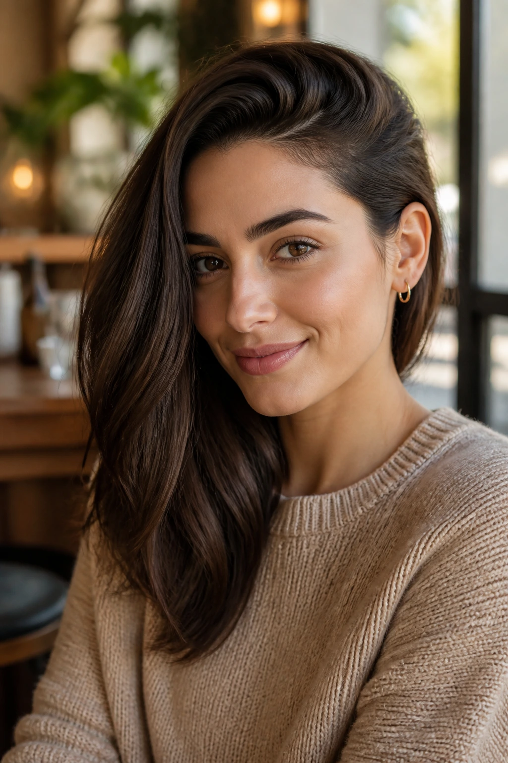 Real woman with a deep side part and tucked side