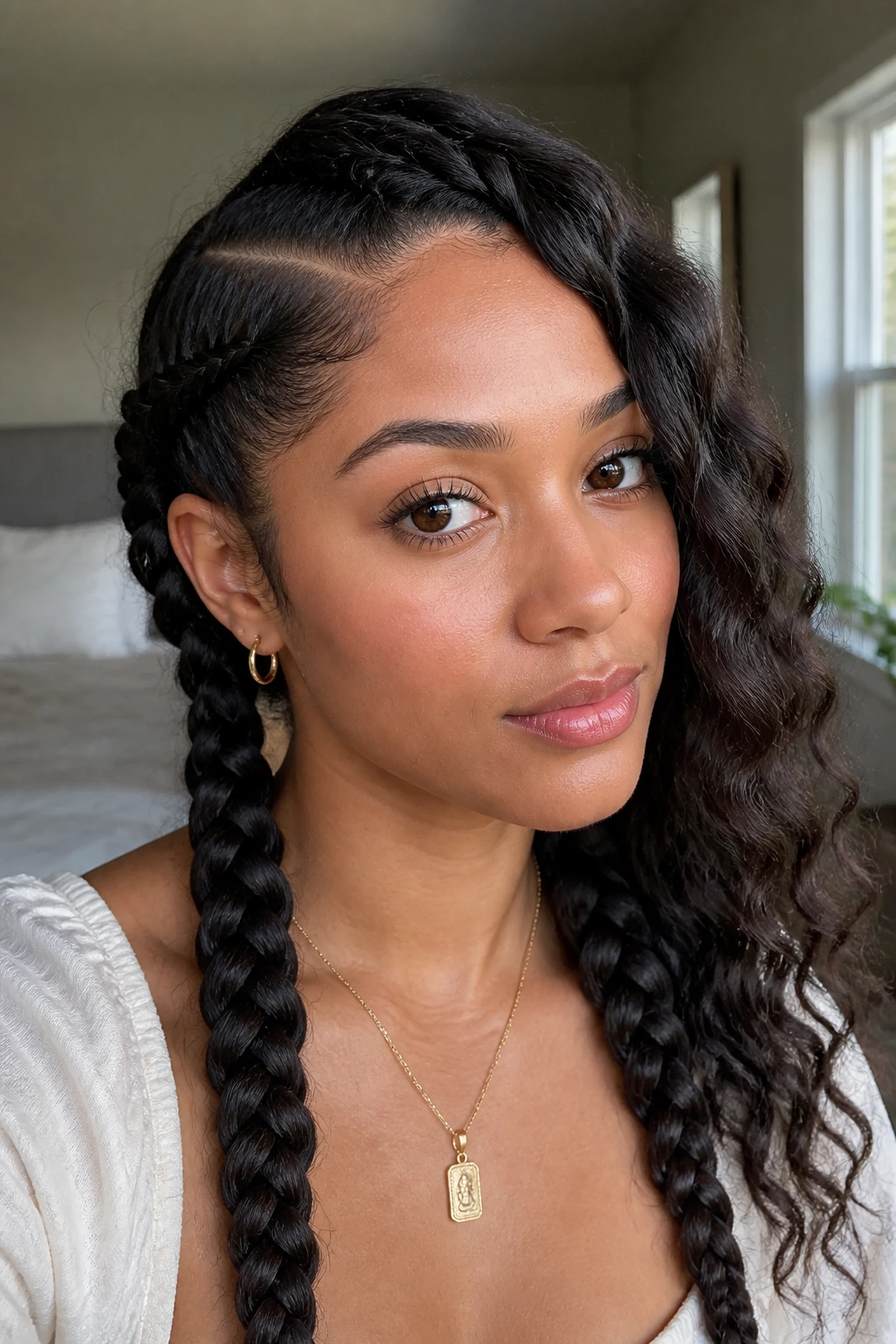 Close-up of a real woman with deep side-part twin braids