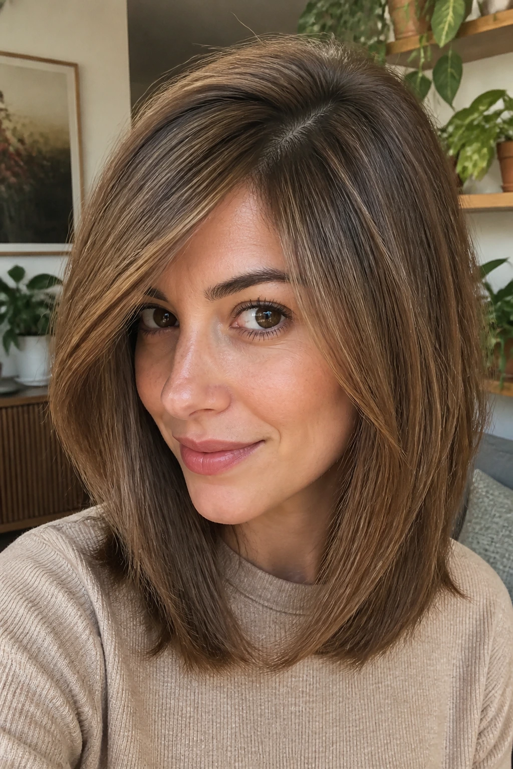 Portrait of a real person with deep side-part volume lob