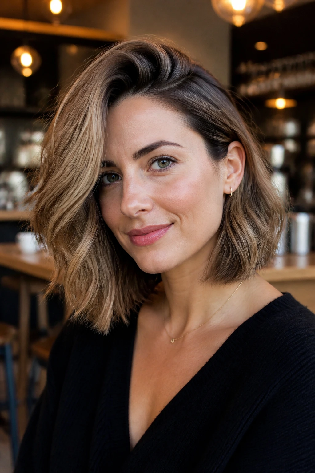 Close-up of a real woman with a deep side-part volume bob in a cafe setting