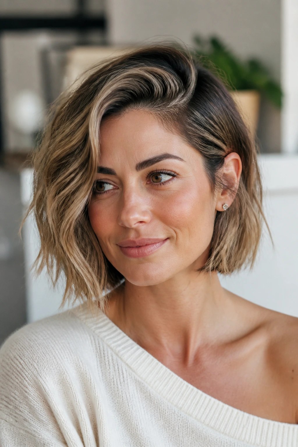 Real woman with deep side-part volume bob