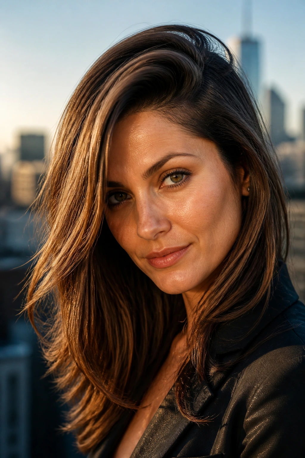 Close-up of real woman with deep side-part and voluminous crown