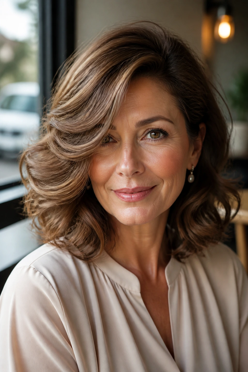 Close-up of a real woman with a deep side part and crown volume