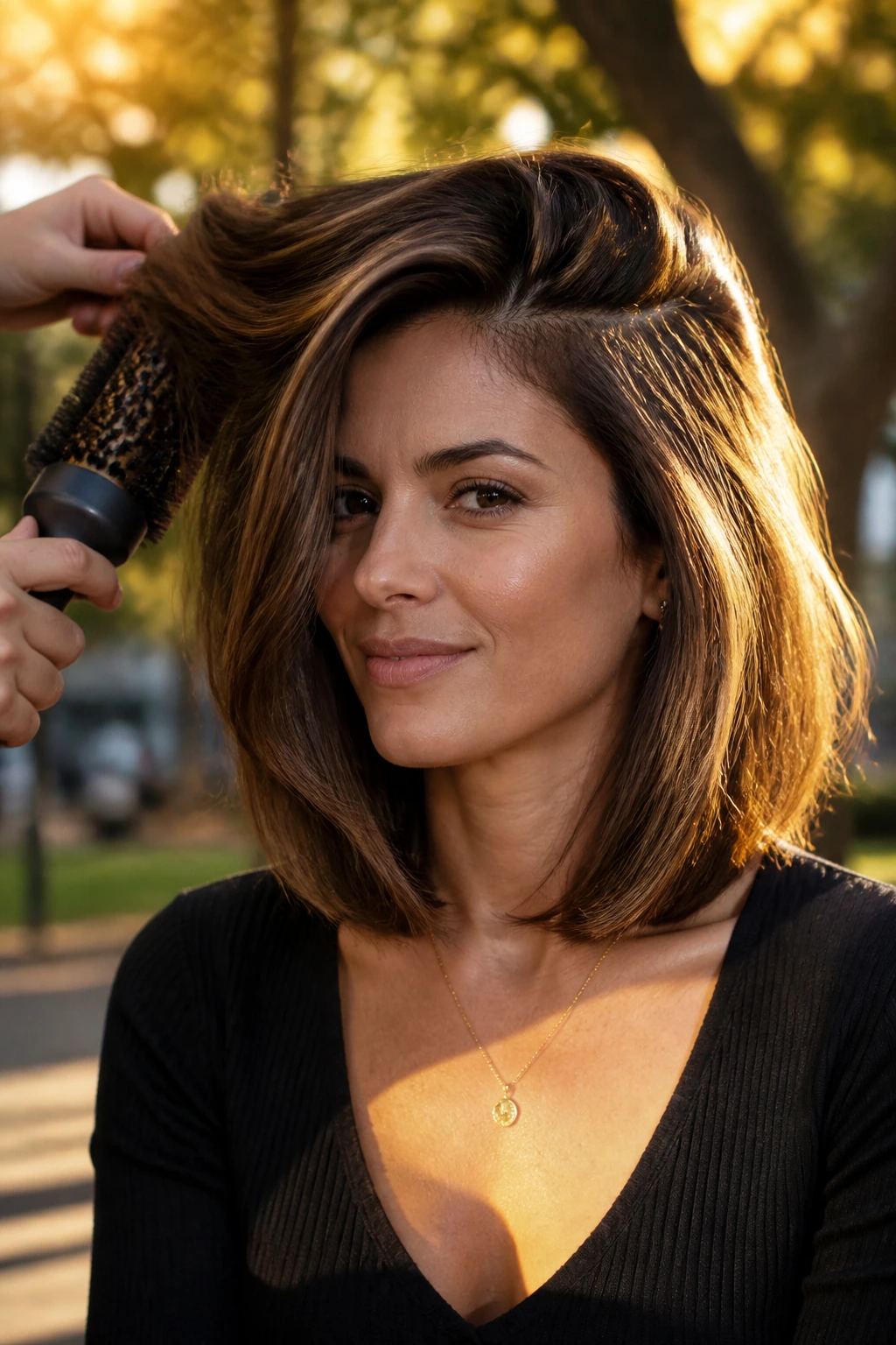 Portrait of a woman with deep side-part and voluminous crown in a lob